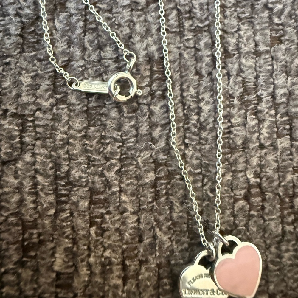 Tiffany & Co. Silver Necklace with Pink Heart and Silver Heart Charm - Picture 3 of 5
